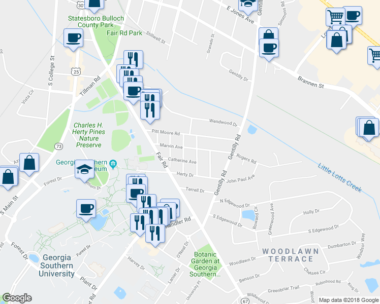 map of restaurants, bars, coffee shops, grocery stores, and more near 404 Marvin Avenue in Statesboro