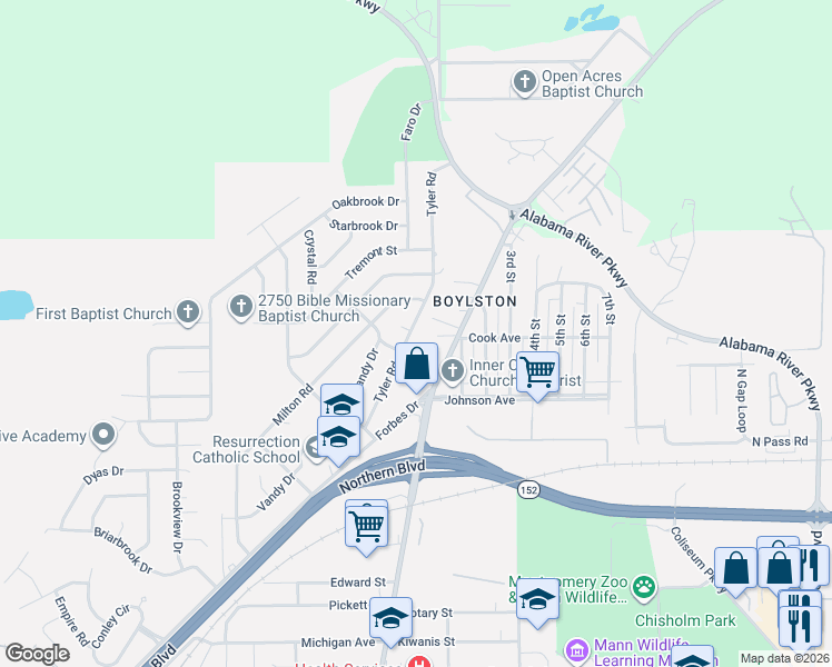 map of restaurants, bars, coffee shops, grocery stores, and more near 3007 Tyler Road in Montgomery