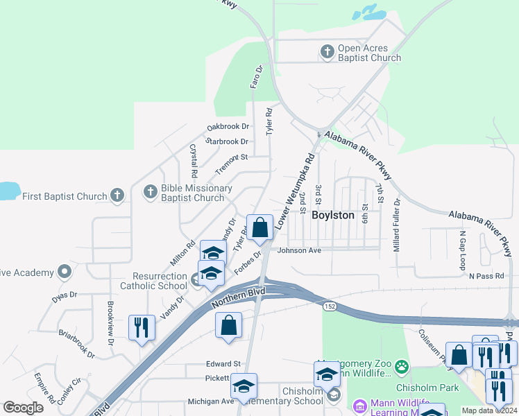 map of restaurants, bars, coffee shops, grocery stores, and more near 3007 Tyler Road in Montgomery