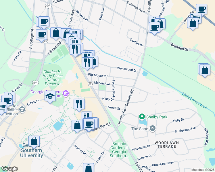 map of restaurants, bars, coffee shops, grocery stores, and more near 402 Marvin Avenue in Statesboro