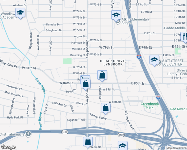 map of restaurants, bars, coffee shops, grocery stores, and more near 323 West 83rd Street in Shreveport