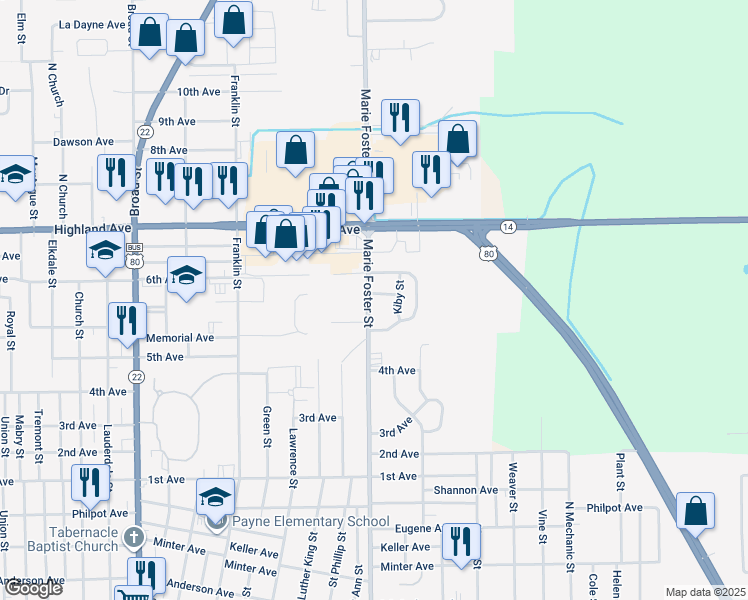 map of restaurants, bars, coffee shops, grocery stores, and more near 8 Range Street in Selma