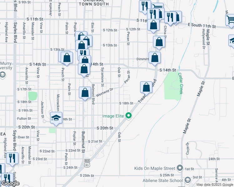 map of restaurants, bars, coffee shops, grocery stores, and more near 1726 Oak Street in Abilene