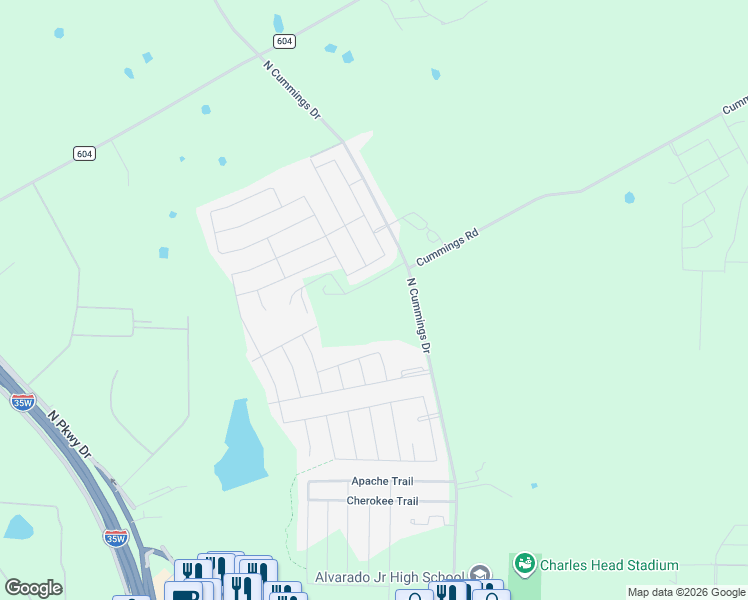 map of restaurants, bars, coffee shops, grocery stores, and more near 1445 North Cummings Drive in Alvarado