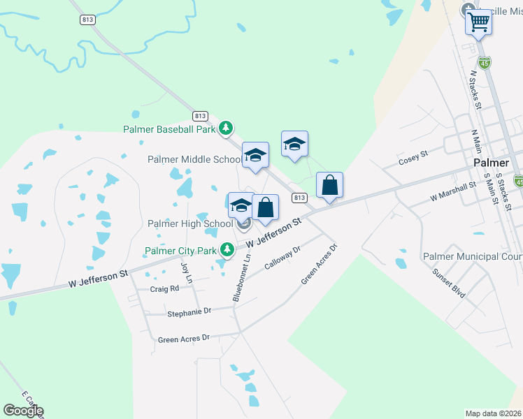 map of restaurants, bars, coffee shops, grocery stores, and more near 112 Farm to Market Road 813 in Palmer