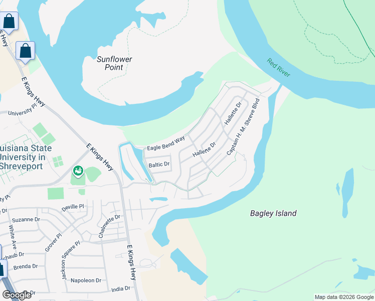 map of restaurants, bars, coffee shops, grocery stores, and more near 123 Hallette Drive in Shreveport