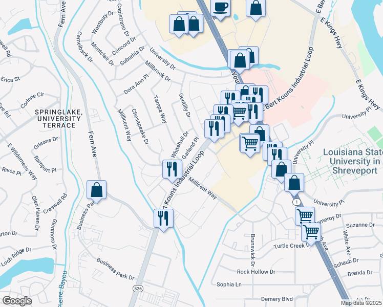 map of restaurants, bars, coffee shops, grocery stores, and more near 1513 Garland Place in Shreveport