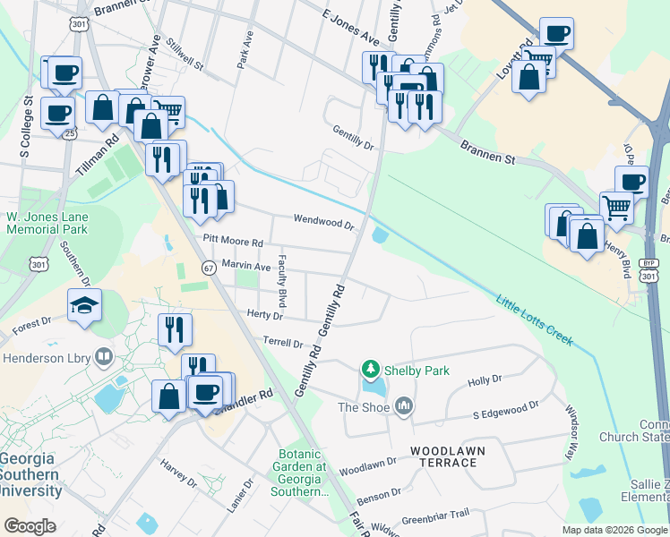 map of restaurants, bars, coffee shops, grocery stores, and more near 607 Marvin Avenue in Statesboro