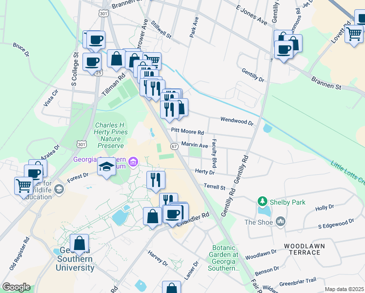 map of restaurants, bars, coffee shops, grocery stores, and more near 204 Marvin Avenue in Statesboro