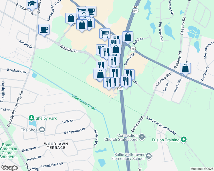 map of restaurants, bars, coffee shops, grocery stores, and more near in Statesboro