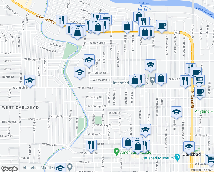 map of restaurants, bars, coffee shops, grocery stores, and more near 1206 West Church Street in Carlsbad