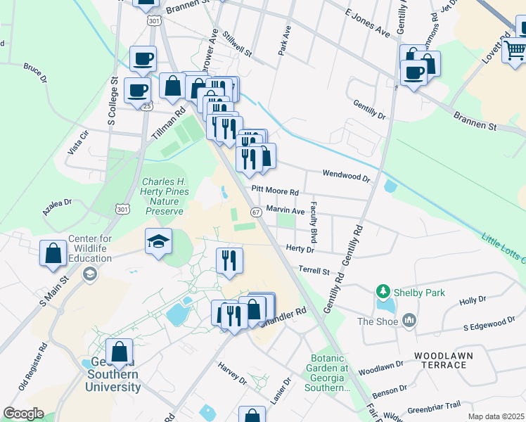 map of restaurants, bars, coffee shops, grocery stores, and more near 202 Marvin Avenue in Statesboro