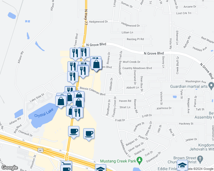 map of restaurants, bars, coffee shops, grocery stores, and more near 1626 Wildflower Drive in Waxahachie