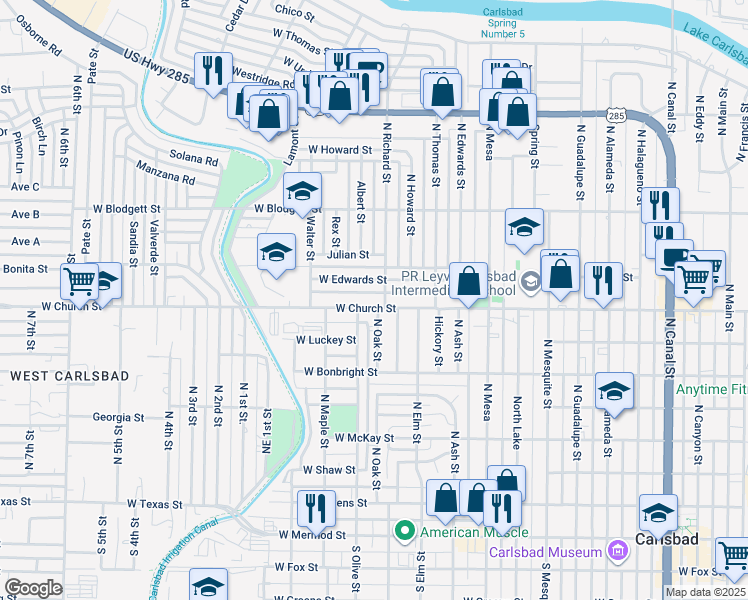 map of restaurants, bars, coffee shops, grocery stores, and more near 1205 West Church Street in Carlsbad