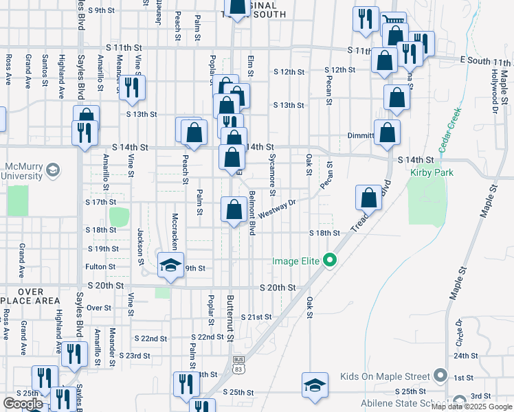 map of restaurants, bars, coffee shops, grocery stores, and more near 1633 Belmont Boulevard in Abilene