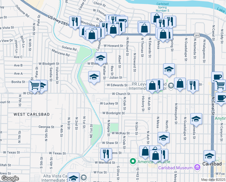 map of restaurants, bars, coffee shops, grocery stores, and more near 1308 West Church Street in Carlsbad