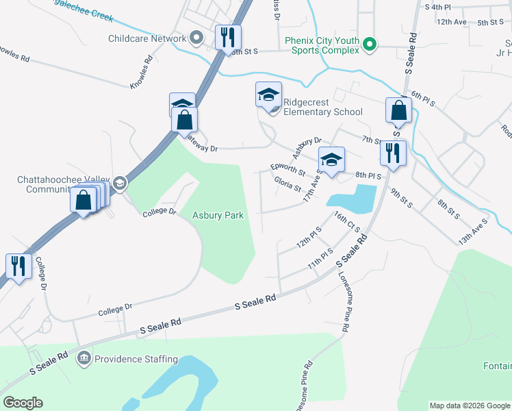map of restaurants, bars, coffee shops, grocery stores, and more near 1700 Ridgecrest Drive in Phenix City