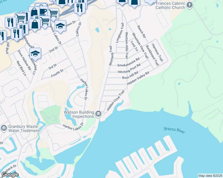 map of restaurants, bars, coffee shops, grocery stores, and more near 1712 Wagon Wheel Road in Granbury