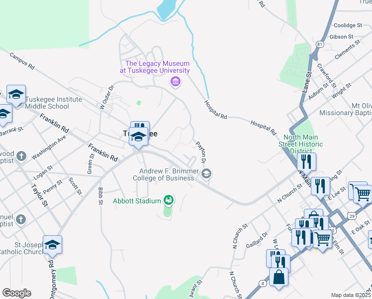 map of restaurants, bars, coffee shops, grocery stores, and more near 42 Tuskegee University in Tuskegee