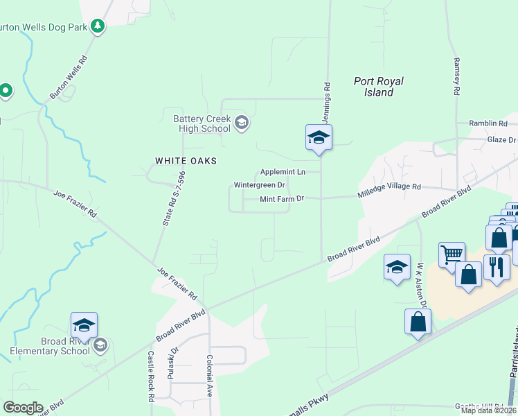 map of restaurants, bars, coffee shops, grocery stores, and more near 39 Wintergreen Drive in Beaufort