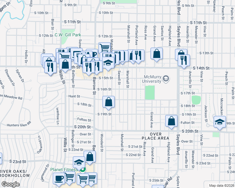 map of restaurants, bars, coffee shops, grocery stores, and more near 1626 Sewell Street in Abilene