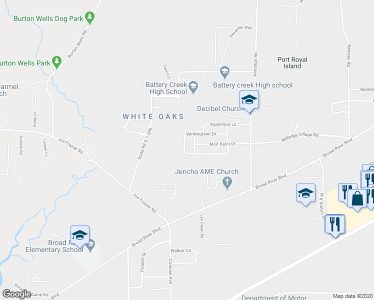 map of restaurants, bars, coffee shops, grocery stores, and more near 52 Wintergreen Drive in Beaufort