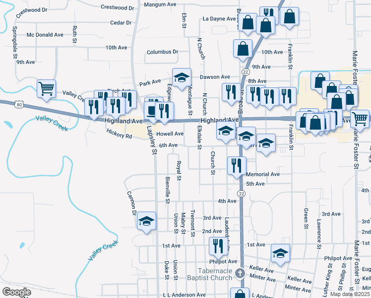 map of restaurants, bars, coffee shops, grocery stores, and more near 2106 Forrest Street in Selma