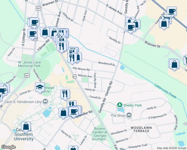 map of restaurants, bars, coffee shops, grocery stores, and more near 405 Marvin Avenue in Statesboro