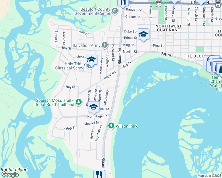 map of restaurants, bars, coffee shops, grocery stores, and more near 162 Fuller Parkway in Beaufort