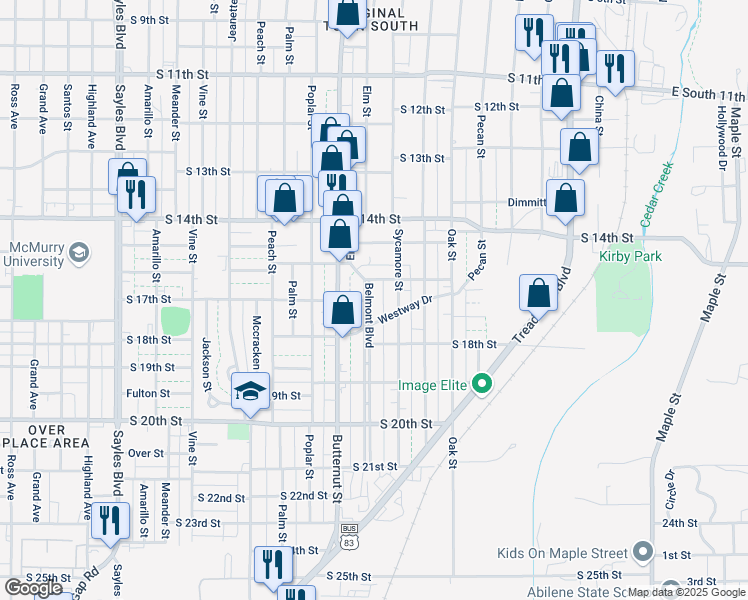 map of restaurants, bars, coffee shops, grocery stores, and more near 1625 Belmont Boulevard in Abilene