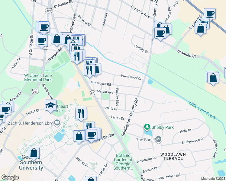 map of restaurants, bars, coffee shops, grocery stores, and more near 403 Marvin Avenue in Statesboro