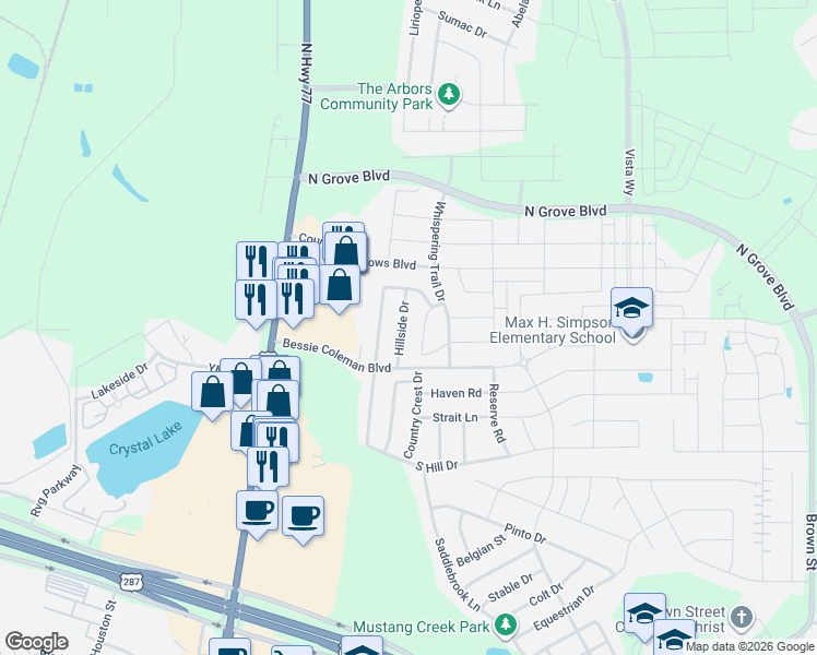 map of restaurants, bars, coffee shops, grocery stores, and more near 1615 Hillside Drive in Waxahachie