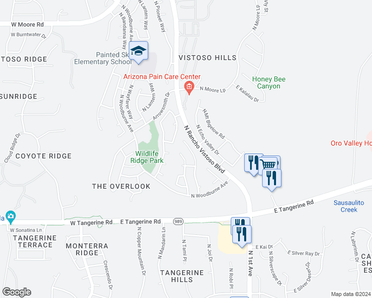 map of restaurants, bars, coffee shops, grocery stores, and more near 12303 North New Dawn Avenue in Oro Valley