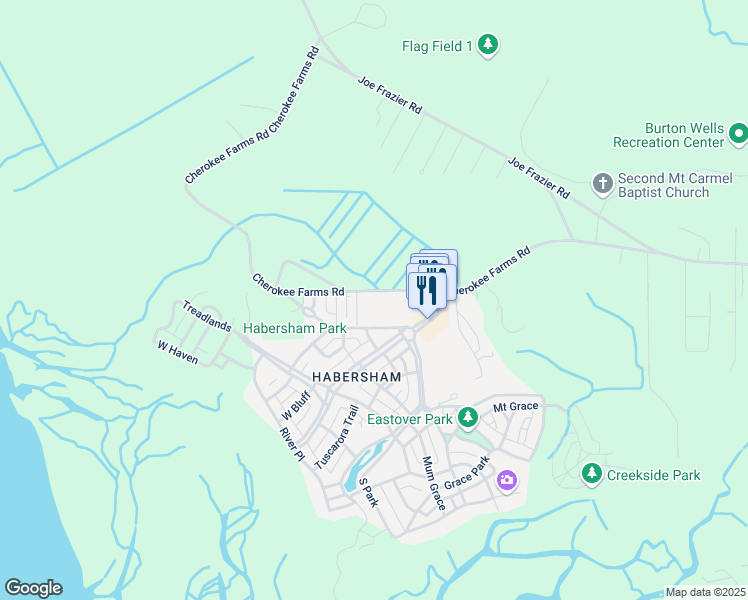 map of restaurants, bars, coffee shops, grocery stores, and more near 10 Abbey Row in Beaufort