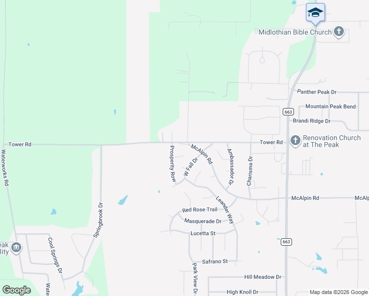 map of restaurants, bars, coffee shops, grocery stores, and more near 1351 Tower Road in Midlothian