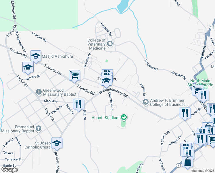 map of restaurants, bars, coffee shops, grocery stores, and more near 1200 West Montgomery Road in Tuskegee