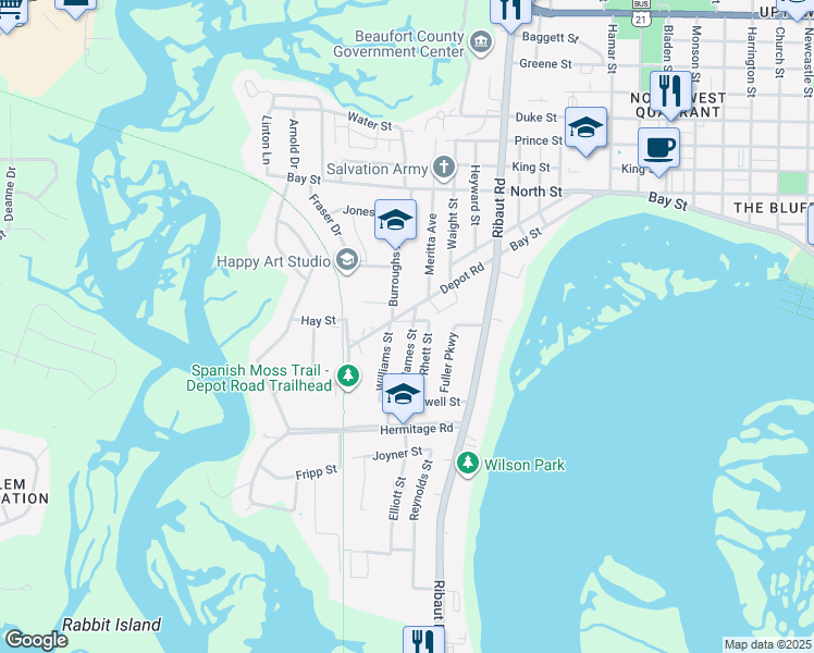 map of restaurants, bars, coffee shops, grocery stores, and more near 2603 Depot Road in Beaufort