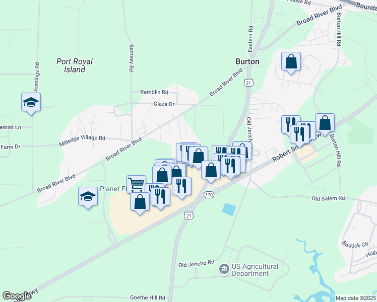 map of restaurants, bars, coffee shops, grocery stores, and more near 18 Fc Carter Drive in Beaufort