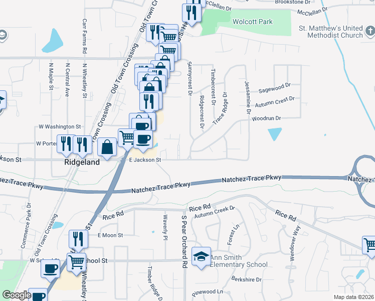 map of restaurants, bars, coffee shops, grocery stores, and more near 109 Trace Ridge Drive in Ridgeland