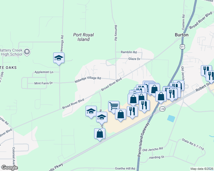 map of restaurants, bars, coffee shops, grocery stores, and more near 17 Milledge Village Road in Beaufort