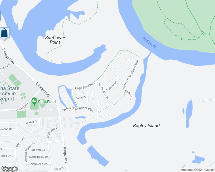 map of restaurants, bars, coffee shops, grocery stores, and more near 117 Grey Eagle Drive in Shreveport