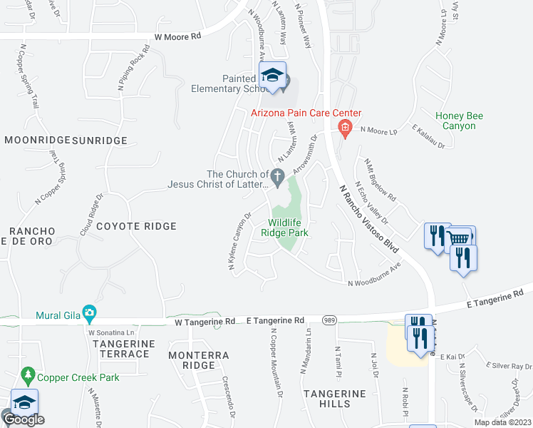 map of restaurants, bars, coffee shops, grocery stores, and more near 12297 North Makayla Canyon Drive in Oro Valley