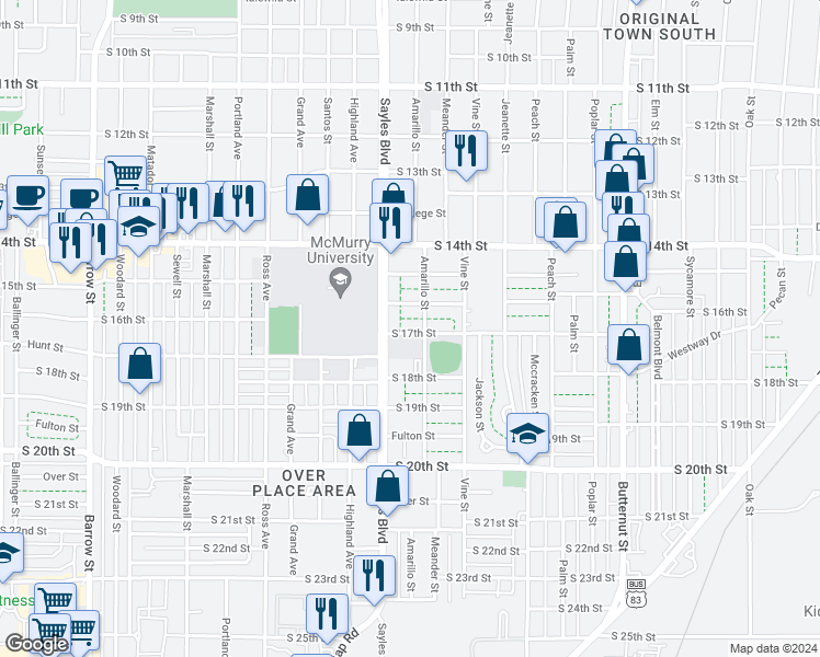 map of restaurants, bars, coffee shops, grocery stores, and more near 2020 South 17th Street in Abilene