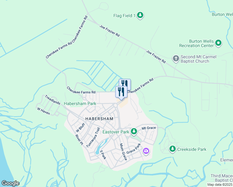 map of restaurants, bars, coffee shops, grocery stores, and more near 150 Cherokee Farms Road in Beaufort