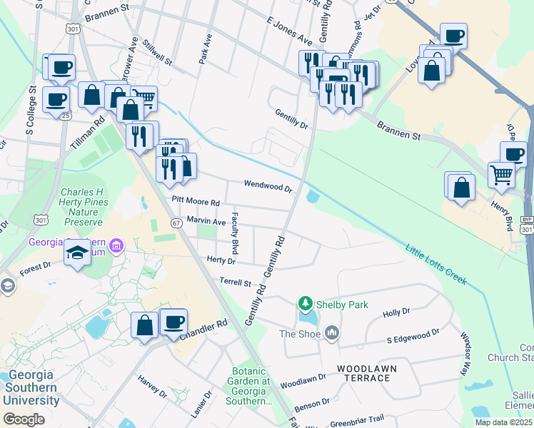 map of restaurants, bars, coffee shops, grocery stores, and more near 517 Pitt Moore Road in Statesboro