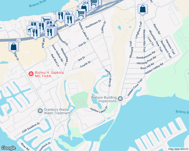 map of restaurants, bars, coffee shops, grocery stores, and more near 1016 Quarry Court in Granbury