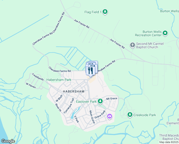 map of restaurants, bars, coffee shops, grocery stores, and more near 125 Cherokee Farms Road in Beaufort