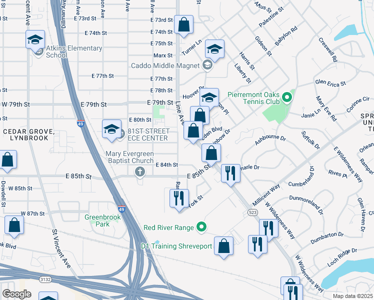 map of restaurants, bars, coffee shops, grocery stores, and more near 8200 Range Lane in Shreveport