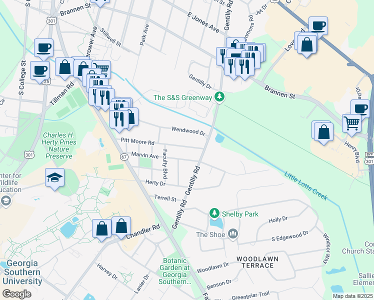 map of restaurants, bars, coffee shops, grocery stores, and more near 512 Pitt Moore Road in Statesboro