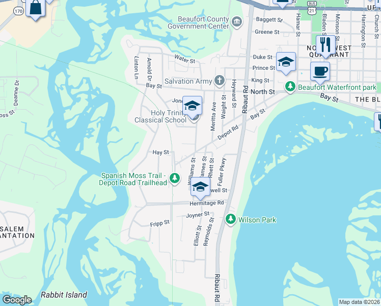map of restaurants, bars, coffee shops, grocery stores, and more near 2702 Bray Street in Beaufort